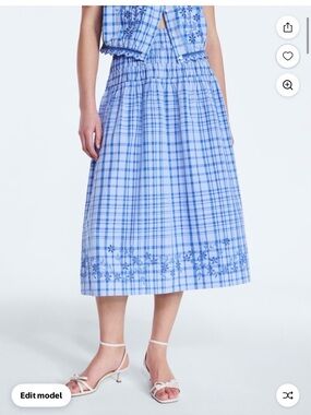 Light Blue Plaid Midi Skirt with Floral Border